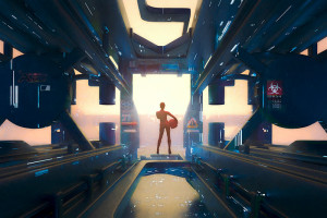 futuristic astronaut looking over cityscape