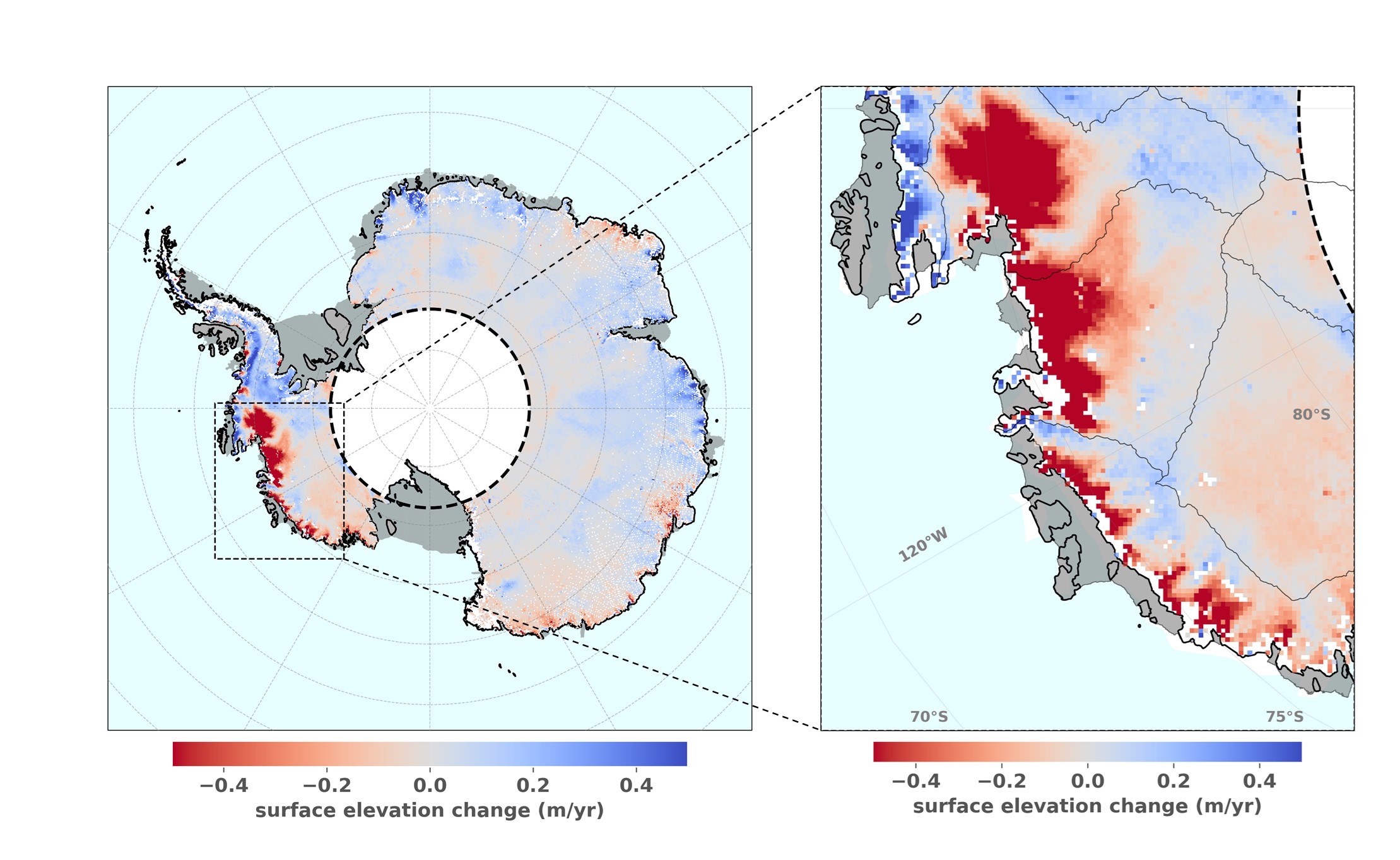 Changement d'élévation de la surface de la calotte glaciaire de l'Antarctique au cours de la période 2019-2022